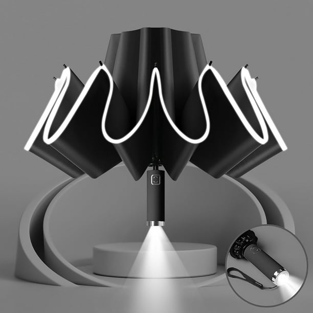 Paraguas Plegable de Dirección Opuesta | Paraguas de Viaje Compacto, Automático, con 10 Varillas, Resistente Al Viento y con Franjas Reflectantes | Toldo Transparente con Luz Led | Protección Uv Upf