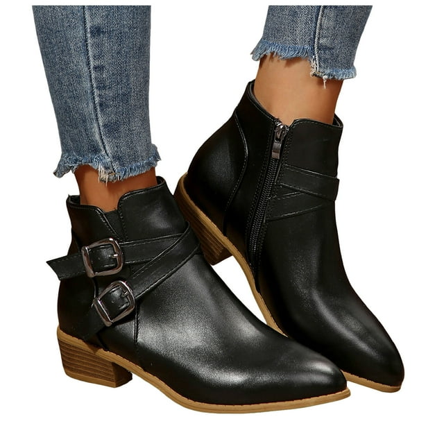 Leozcaa Women's Chunky Low Heel Ankle Boots Classic Pointed Toe Side Zipper Winter Fall Short Booties