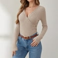 thumbnail image 2 of Women's Long Sleeve Tops Fashion Slim Button Knit Blouses Lightweight Basic Business Sweaters Solid Color Long Sleeved V-Neck Pullover Top, 2 of 6