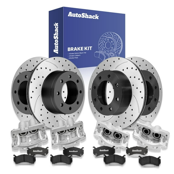 AutoShack Front & Rear Drilled & Slotted Brake Rotors Ceramic Brake Pads Calipers | Replacement for GMC Sierra 1500 HD 2002 Chevrolet Silverado 1500 HD | E-Coated | 16-PC Brake Kit | ShadowGuard