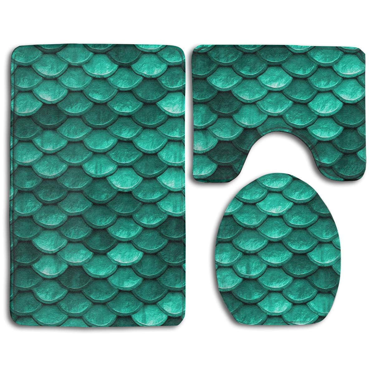 CHAPLLE Emerald Turquoise Green Mermaid Fish Scales 3 Piece Bathroom Rugs Set Bath Rug Contour Mat and Toilet Lid Cover