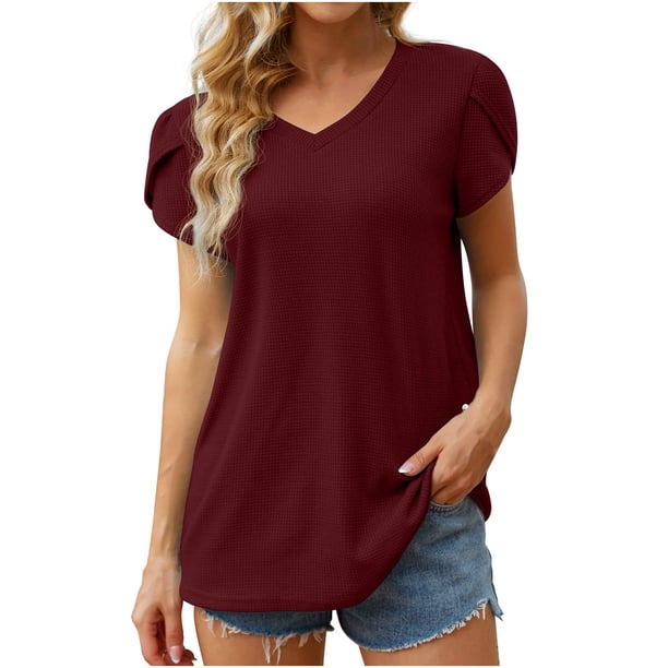 Tops Para Mujer Elegante Blusa Casual Suelta Manga Corta Con Cuello en V Camiseta Sólida Túnica Odeerbi ODB164475
