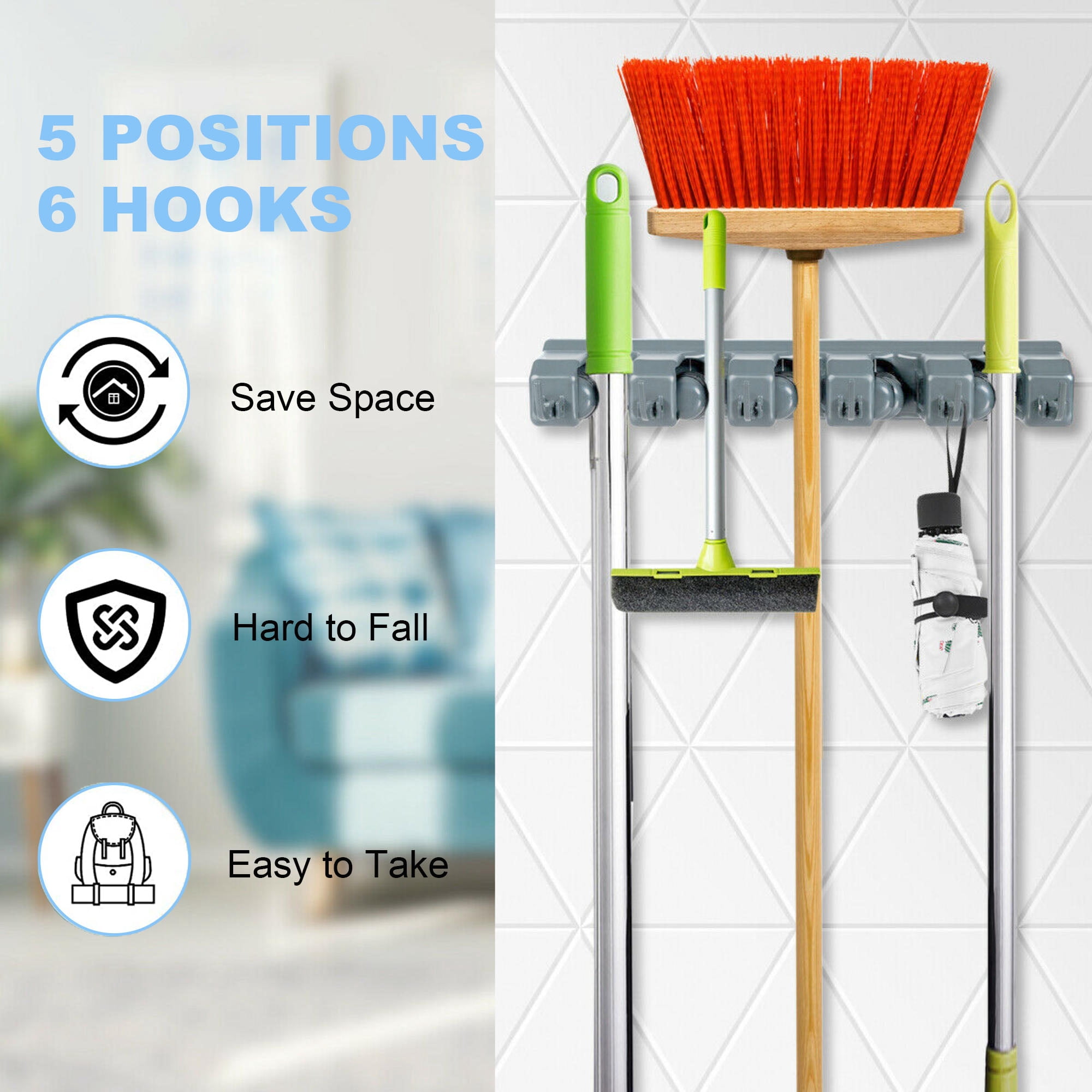 BreezyLife Mop and Broom Holder Wall Mount, Organizer Storage Hooks with 5 Ball Slots and 6 Hooks