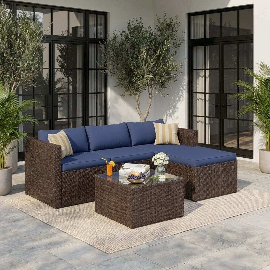 UDPATIO 5-Piece Patio Furniture Set,Outdoor Patio Furniture Set All-Weather Rattan Wicker Patio Conversation Set with Ottoman, Cushions & Glass Table for Garden & Backyard,Navy Blue