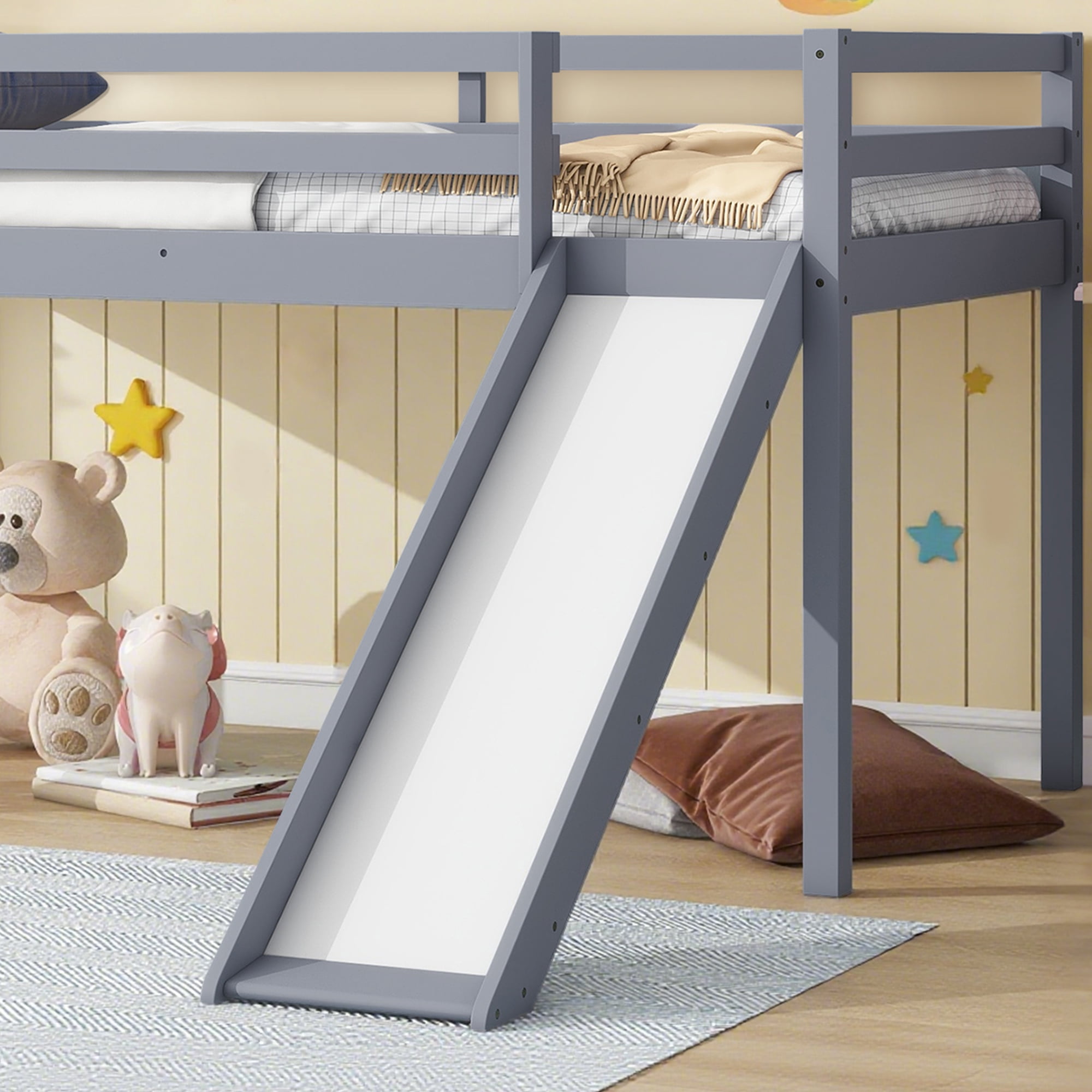 Miniyam Twin Size Kids Loft Bed with Slide, Guardrails, Pale Gray