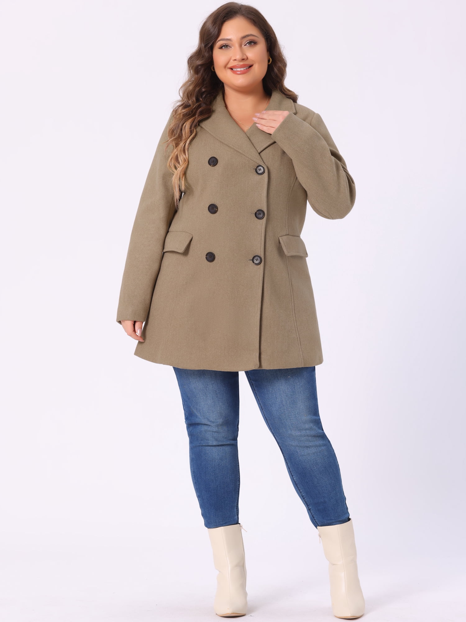 DARING DIVA Women's Plus Size Notched Lapel Double Breasted Long Coat 3X Light Brown