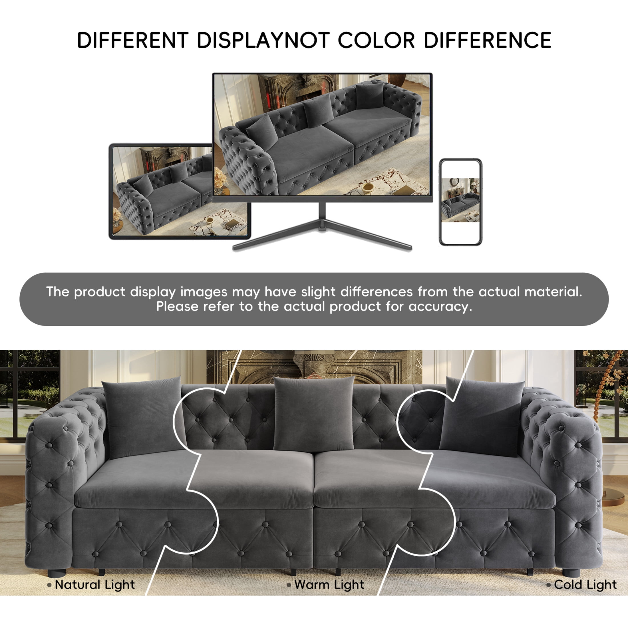 Noble House Belric 4-Seater Velvet Chesterfield Pull-Out Sofa Bed, Multifunctional 3-in-1 Tufted Sleeper Couch, Grey