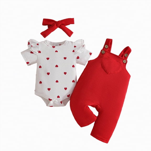 mgoYE Baby Girl Clothes 0-3 Months Baby Girl Clothes Cute Summer Outfits Short Sleeve Romper Adjustable Heart Overall Pant Headband 3PCS(Red,0-3 Months)