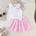 thumbnail image 5 of LIIPEE Girls Summer Outfits 2 Piece Set Kids Fashion Bow Decoration Solid Color Ribbed Sleeveless Tops Stripes Print Pleated Skirt Cute Comfortable Breathable Casual Wear,7 Years, 5 of 7