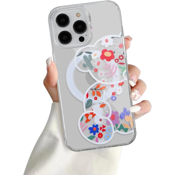 for iPhone 14 Pro Max Case Compatible with MagSafe, Cute Flower Clear Back Floral, Soft TPU Protective Silicone Slim Case for Girls Women (Flower Bear)