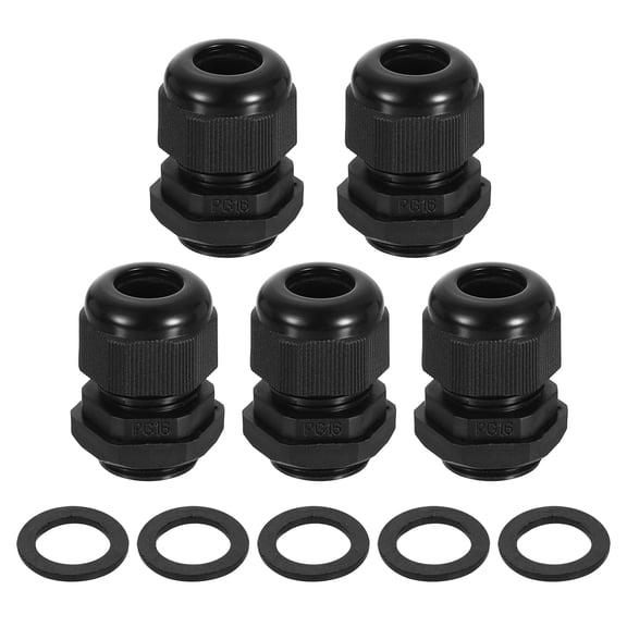 5Pack PG16 Nylon Cable Glands, Waterproof Wire Grommet with Washers, Black