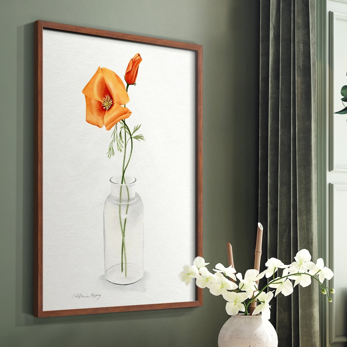 California Poppy Vase I Framed Print in Brown Solid Wood Framed Print No Nail Hanging