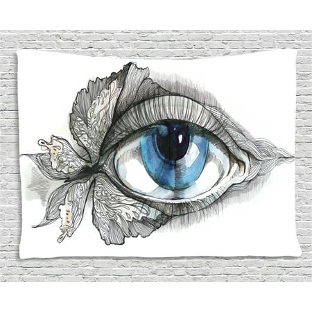 Eye Tapestry, Abstract Human Eye with Butterfly Eyelashes Painting Style Dreamy Female Look, Wall Hanging for Bedroom Living Room Dorm Decor, 60W X 40L Inches, Black White Blue, by