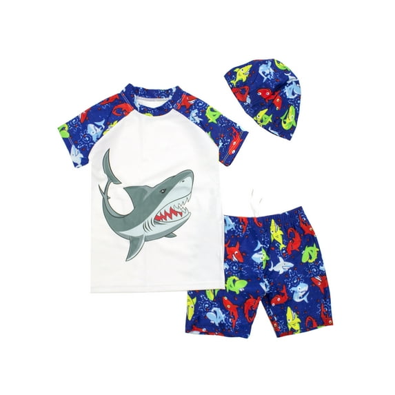 Kids Boy Cartoon Dinosaur Shark Rashguard Top & Swim Shorts with Hat 3 pcs Set (Grey Shark/White, XL/7-9 Years)
