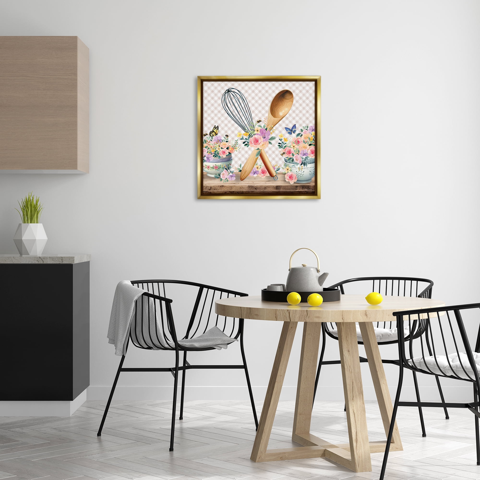 Stupell Industries Crossed Utensils on Gingham Food & Beverage Painting Gold Floater Framed Canvas Art Print Wall Art, 25 x 25