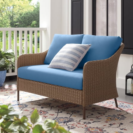 Mainstays Chelsea Outdoor Patio Loveseat with Blue Cushions