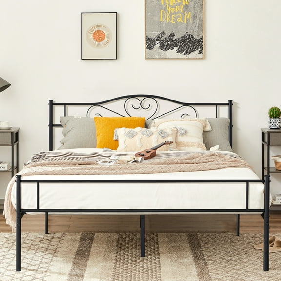 VECELO Queen Size Metal Platform Bed Frame, Box Spring Replacement with Headboard & Footboard, Black