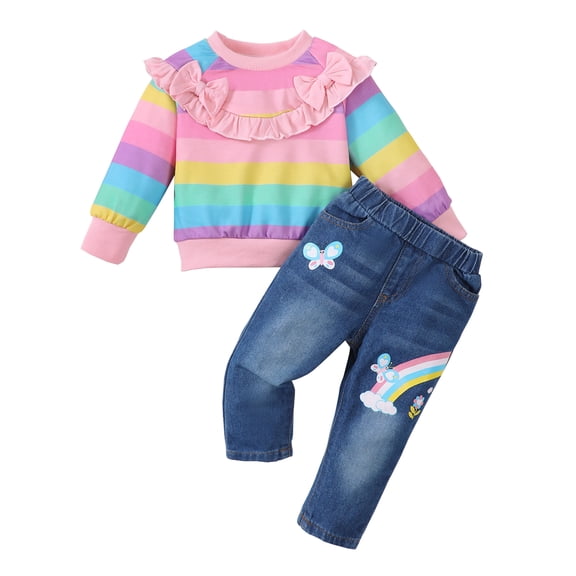 3T Baby Girls Clothes 4T Girls Fall Winter Pant Set Toddler Girls Long Sleeve Rainbow Stripe Top Jeans Pants 2PCS Outfits Set Pink