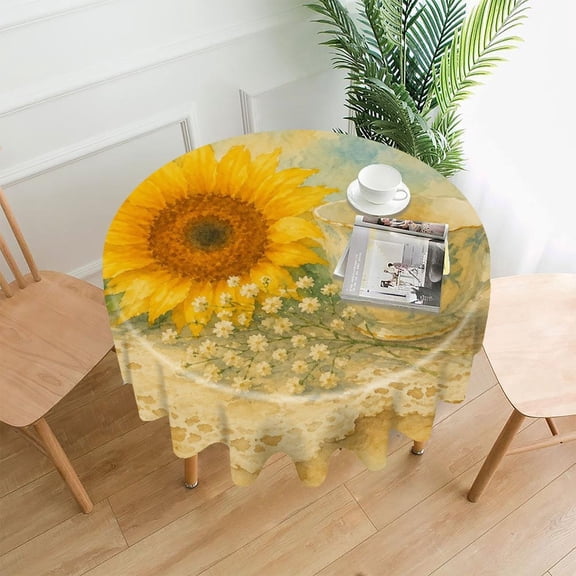 RKSupls 60 Inch Round Tablecloth, Sunflower And Teacup Premium Polyester Straight Edge Wrinkle Resistant Washable Table Cover for Party Home Dining Decor