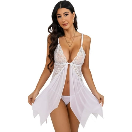 Lingerie for Women  PUTUO Front Closure Womens Lingerie  Lace V Neck Sexy Lingerie Bridal Babydoll Chemise