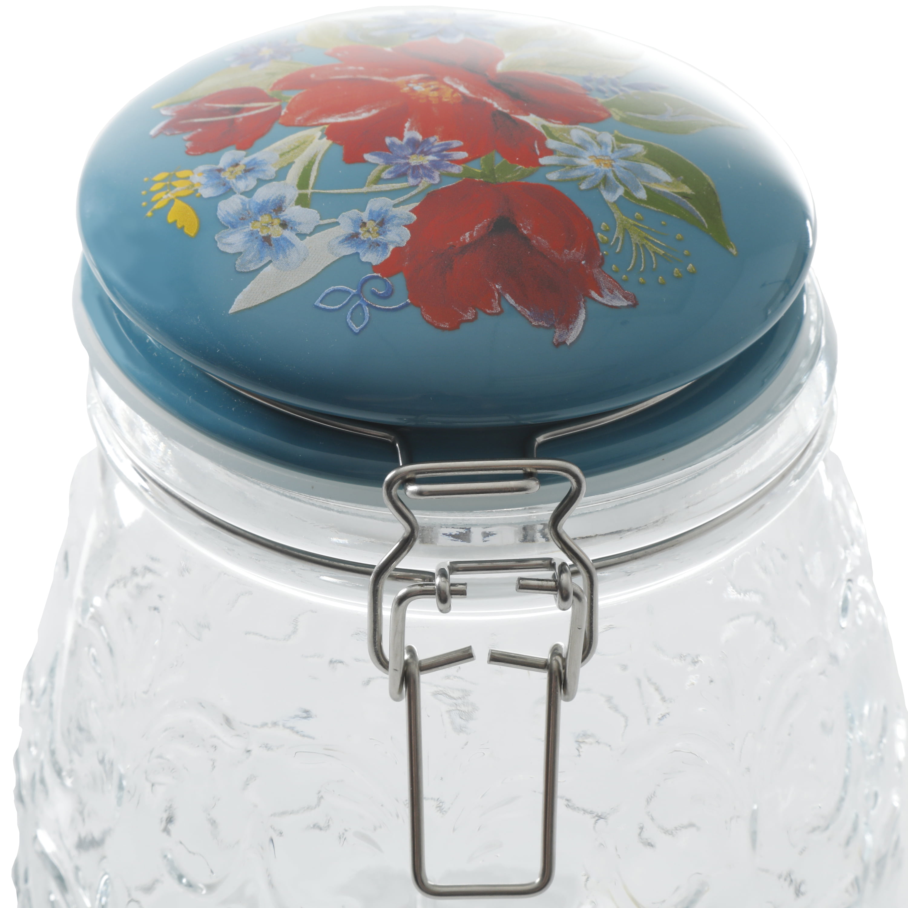 The Pioneer Woman Blue Hobnail Glass Storage Jar with White Rose Screw On Lid 