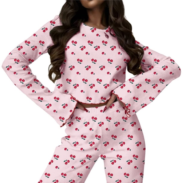 Conjunto de Pijamas Bonitos para Mujer, 2 Piezas, Larga, Y2K, Otoño e Invierno Cereza Rosa M