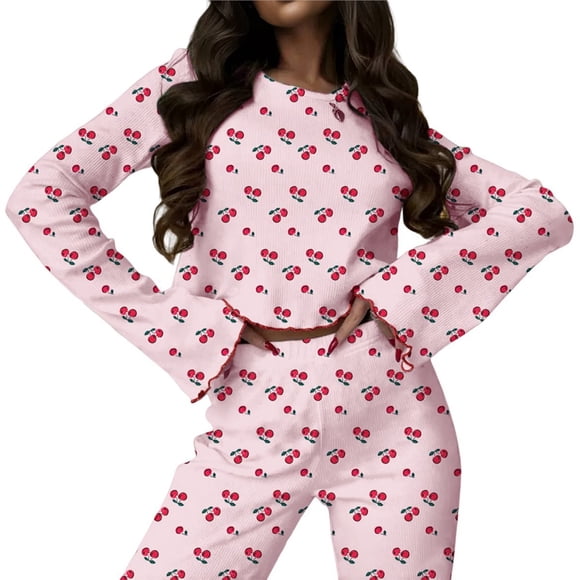 Conjunto de Pijamas Bonitos para Mujer, 2 Piezas, Larga, Y2K, Otoño e Invierno Cereza Rosa M