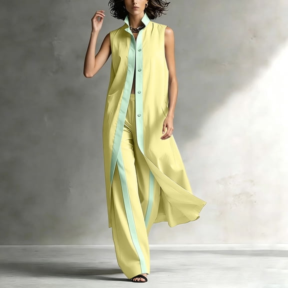 Karymi Overalls for Women 2-Piece Color Block Outfit, Sleeveless Collared Longline Vest Cardigan with Contrast Trim High Waist Wide Leg Pants Summer Outfits