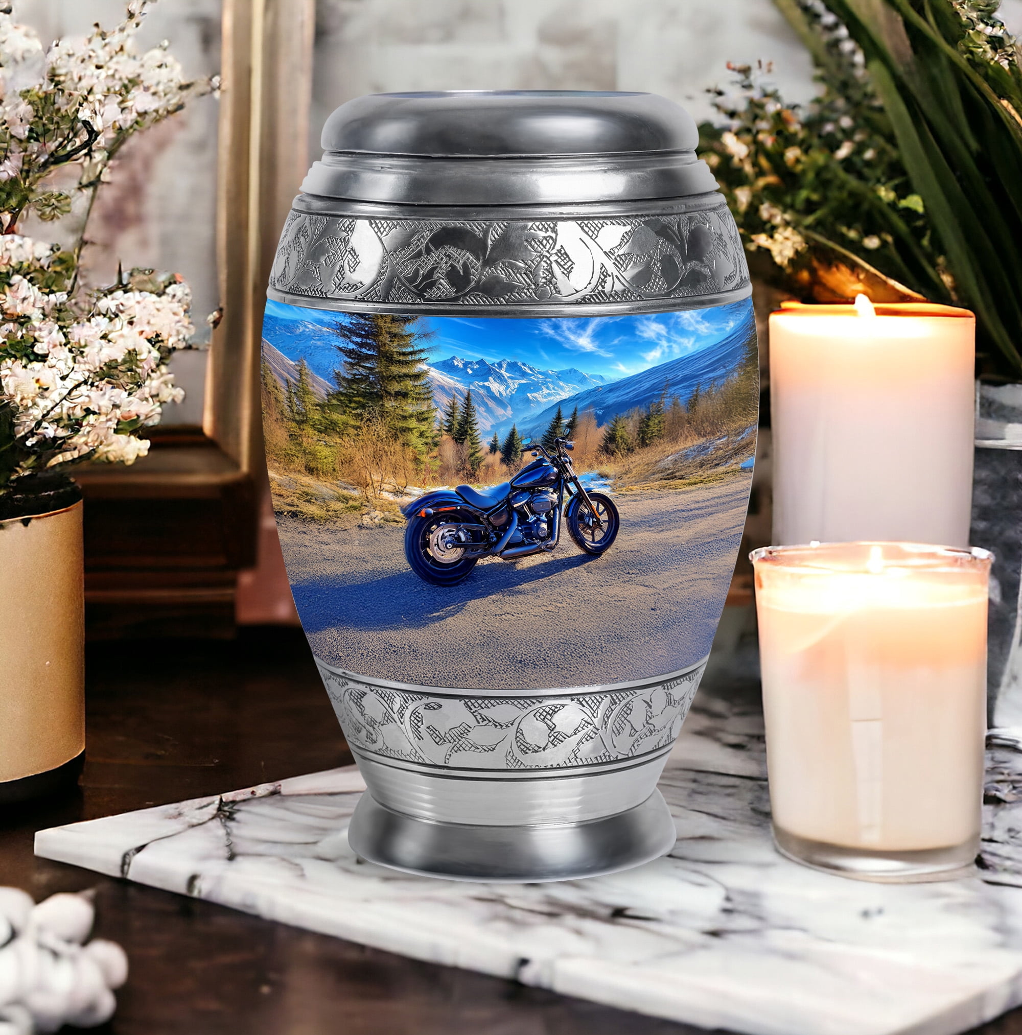 Bike Urns For Human Ashes Adult Man And Woman - 1 Large Blue Urn For Adult Male - 10 Inch Mountain Decorative Urn For Ashes For Male And Female - Set Of 4 Keepsake For Mother And Father, Small 3 Inch