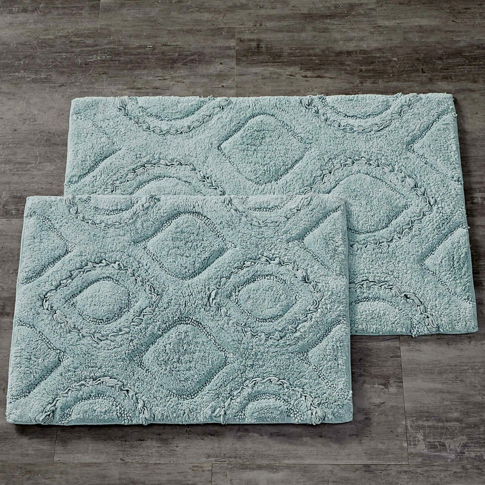 Better Homes & Gardens Cotton Ruffle Ogee Bath Rug Set, Aqua, 2 Pieces