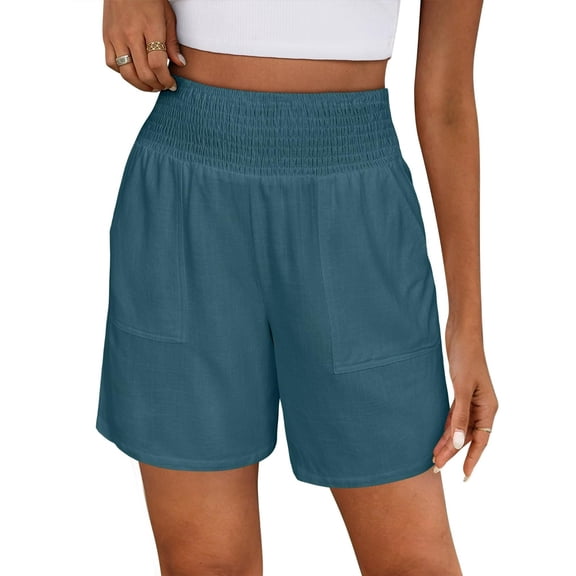 Enjoytime Womens Shorts Solid Color Stretch Elastic Waist Summer Beach Vacation Vintage Casual Shorts with Pockets