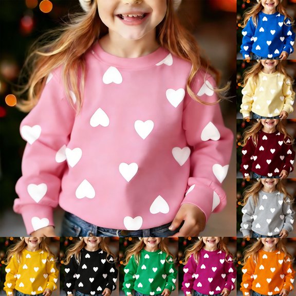 TtopsQueen Kids Crew Neck Long Sleeve Sweatshirt, All Over Heart Print Soft Fleece Pullover, Relaxed Fit Casual Daily Tops for Little Girls Outdoor Play School Wear Black,2-3 Years