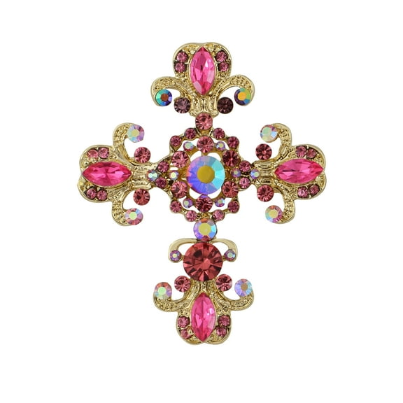 Roman Catholic Victorian Religion Christian Holy Cross Pink Rhinestones Pin Brooch With Pendant Loop, Pink/Gold