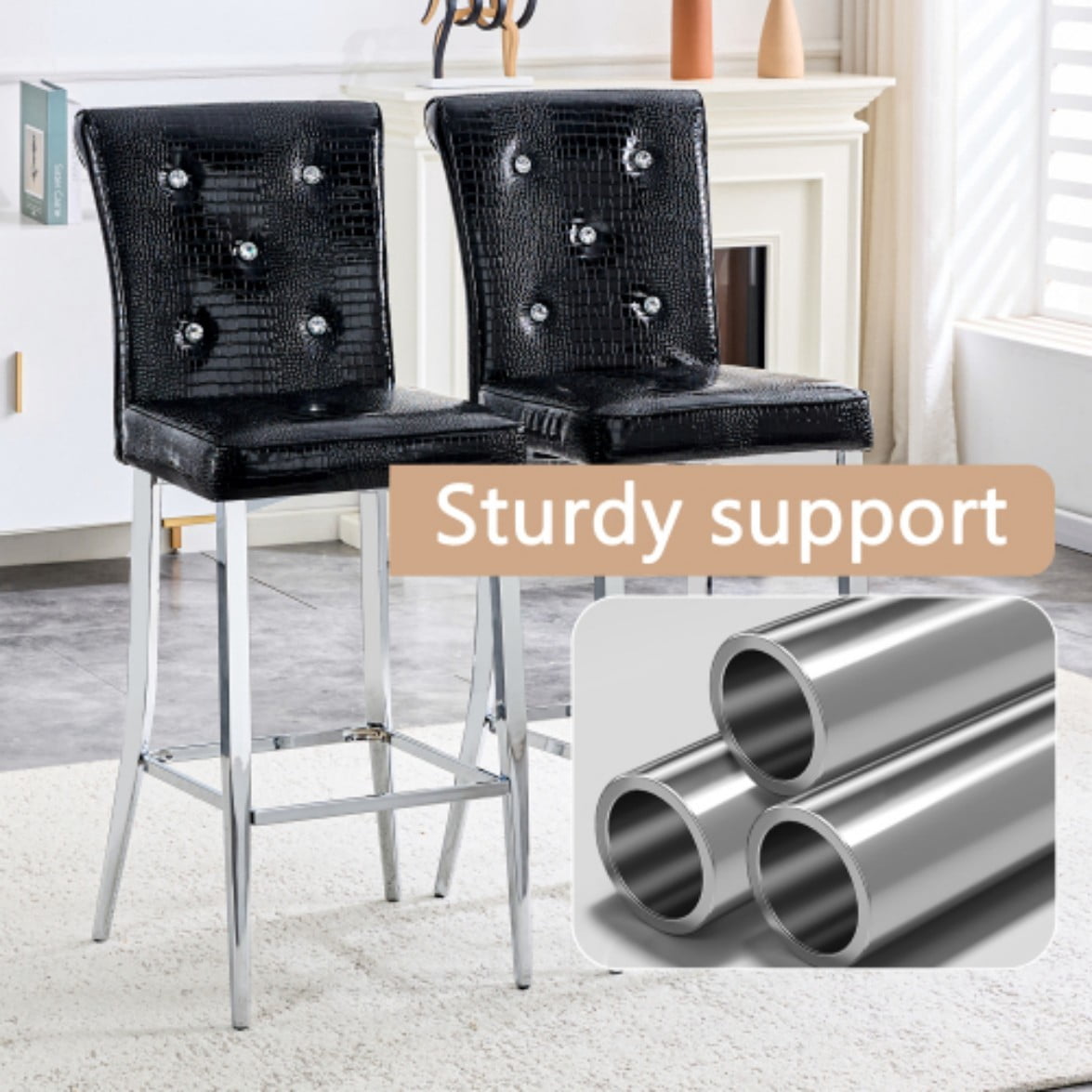 Set of 2 Vintage Bar Chairs, Faux Crocodile Leather Upholstered Stools with Crystal Button Details, Adjustable Feet for Kitchen Island & Bar, Black & Silver