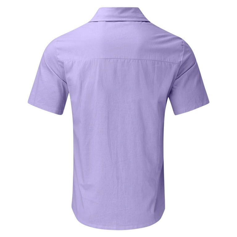 Cbgelrt Mens Short Sleeve Button Down Shirts Soft Cotton Linen Dress Shirt Double Pocket Turn Down Collar Beach Shirts Solid Blouses Purple L, Men's