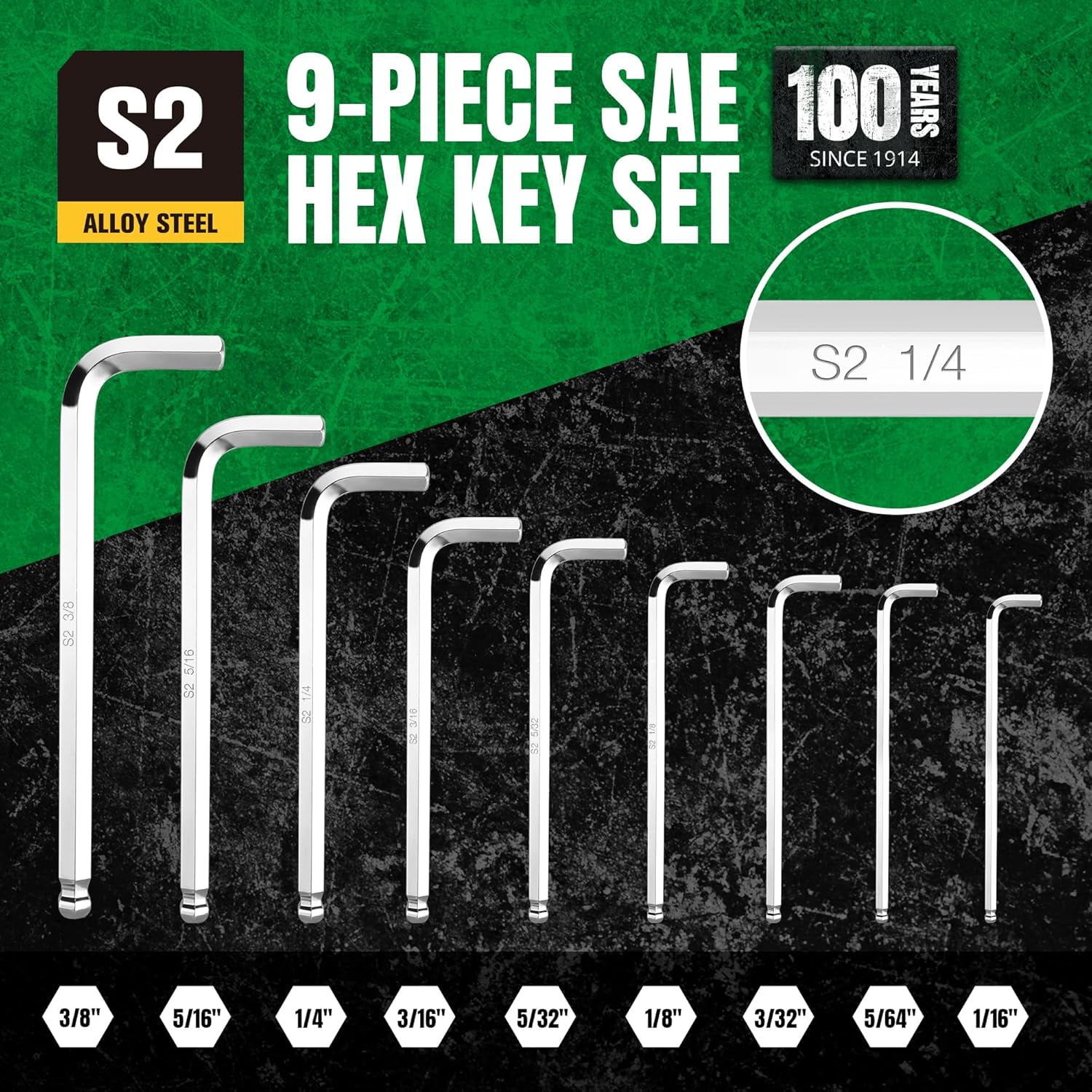 RGHJAR-9-Piece Allen Wrench Set, Hex Key Set, SAE Ball End Hex L-Key, S2 Steel
