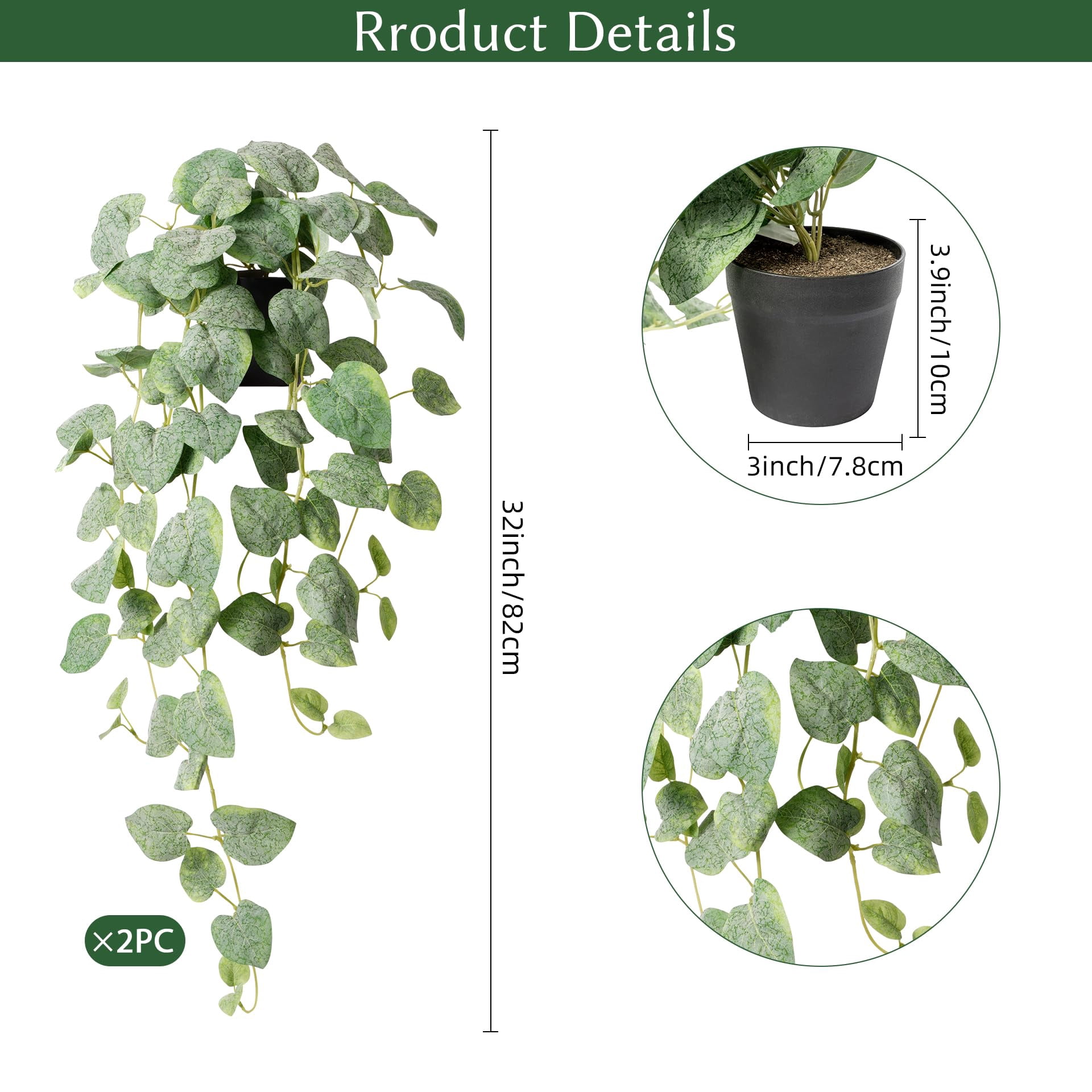 Fake Hanging Plants with Pots - Realistic Artificial Plant for Indoor Outdoor, 33In Silk Fake Potted Plants, 2PC Faux Ivy Vine for Shelf Tabletop Office Decor, Dark Green