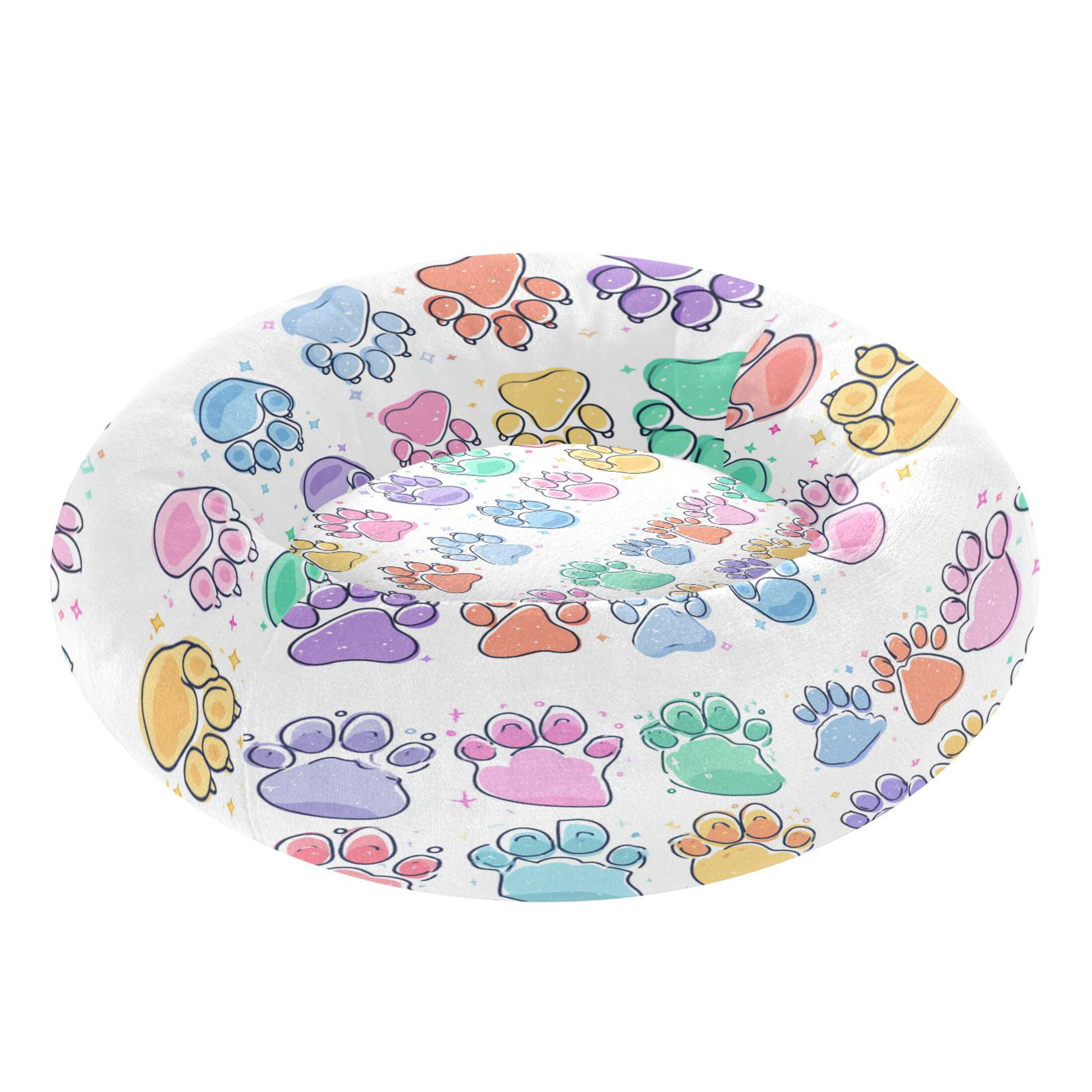 Iauyy Pet Couch Donut Cat Bed for Indoor Cats/Small Dogs Washable & Machine with Non-slip Bottom Calming Cat Furniture, Colorful Cat Paws (S)