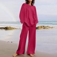 thumbnail image 2 of Miluxas Two Piece Sets for Women Summer Solid Casual Outfit Crewneck Long Sleeve Tops High Waist Wide Leg Pants with Pockets Hot Pink XXXXXL(XXXXXL), 2 of 6