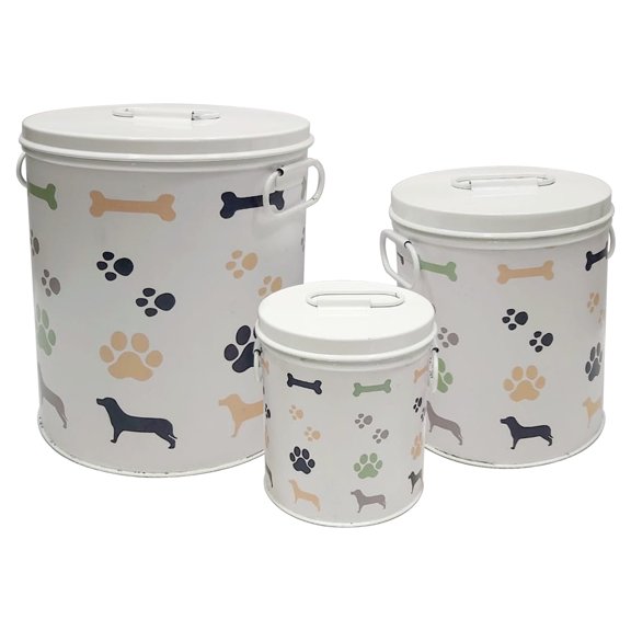 White 3 Pc set Jumbo Pet Canister with bone, paw, dog prints, Dog Food Treat Canister with Lid, Carbon Steel Canister, Storage Container Jar with Tight Fitting Lids for Dog Biscuit Cookies