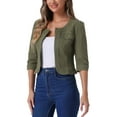 thumbnail image 4 of INSPIRE CHIC Women's Denim Jackets Collarless 3/4 Sleeves Crop Jean Cardigan Jackets M Army Green, 4 of 6
