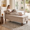 thumbnail image 3 of LEHZROAJ Velvet Chaise Lounge Indoor with Storage, Tufted Lounger Chair with Support Pillow, Long Sleeper Sofa for Bedroom, Living Room, Beige, 3 of 11