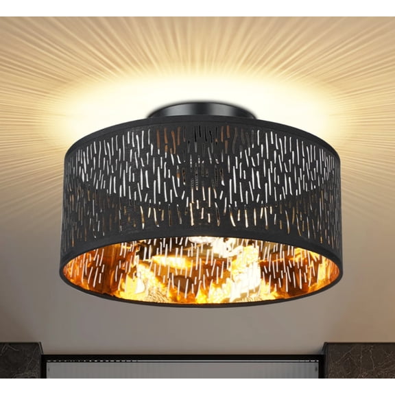 FRIDEKO HOME Modern Black Semi Flush Mount Ceiling Light Fixture, 12 inch, E26 Base, Flame Finish, Metal Fabric Shade, Ceiling Light for Living Room Bedroom Kitchen Porch