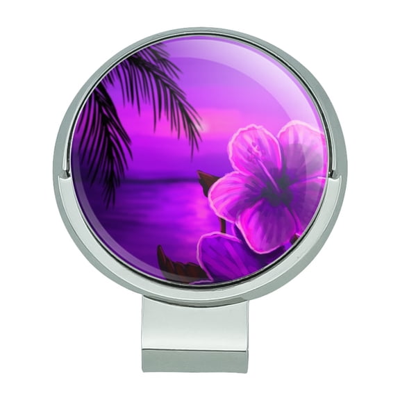 Beach Sunset Hibiscus Flower Hawaiian Purple Golf Hat Clip With Magnetic Ball Marker