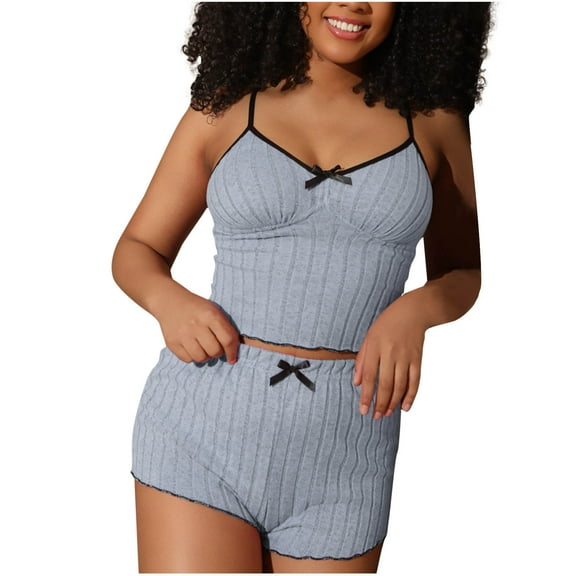 SwiftWear Women's Cozy Knit Cami & Shorts Pajama Set – Soft Stretchy Sleepwear with Chic Bow Details, Blue/Pink/Gray Pajamas Perfect for Bedtime & Lounging