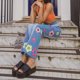 thumbnail image 3 of Azul M parche bordado contraste color patchwork jeans cintura alta slim fit campana pantalones nuevos, 3 of 7