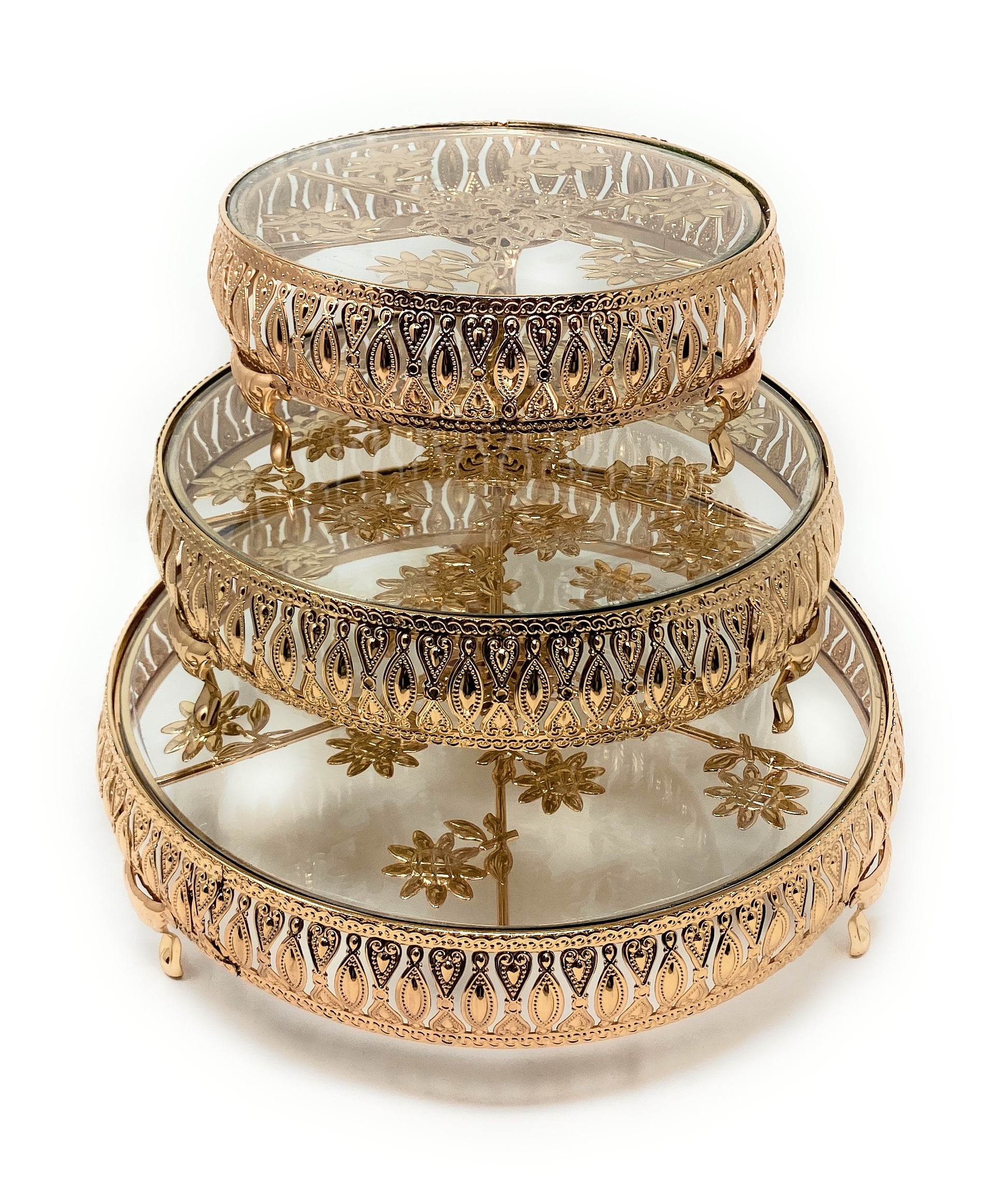 Gold Wedding Cake Stand Set of 3 Glass Top Round Ornate Metal Plateau Riser 