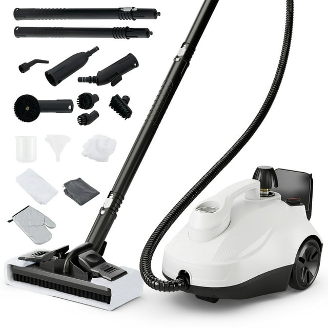 Gymax 1800W Multi-Purpose Steam Cleaner with trigger lock, wheels, and a 61 oz water tank. The image displays the white and gray steam cleaner with black wheels, a handle, and a long hose connected to a floor scrub brush. Surrounding the cleaner are 15 included accessories, such as extension tubes, round brushes, a window squeegee, a measuring jug, and cleaning cloths. Ideal for chemical-free cleaning, it heats up to 320°F and operates at 72.5 PSI for deep cleaning various surfaces. Suitable for use as a portable steam mop or upholstery cleaner.