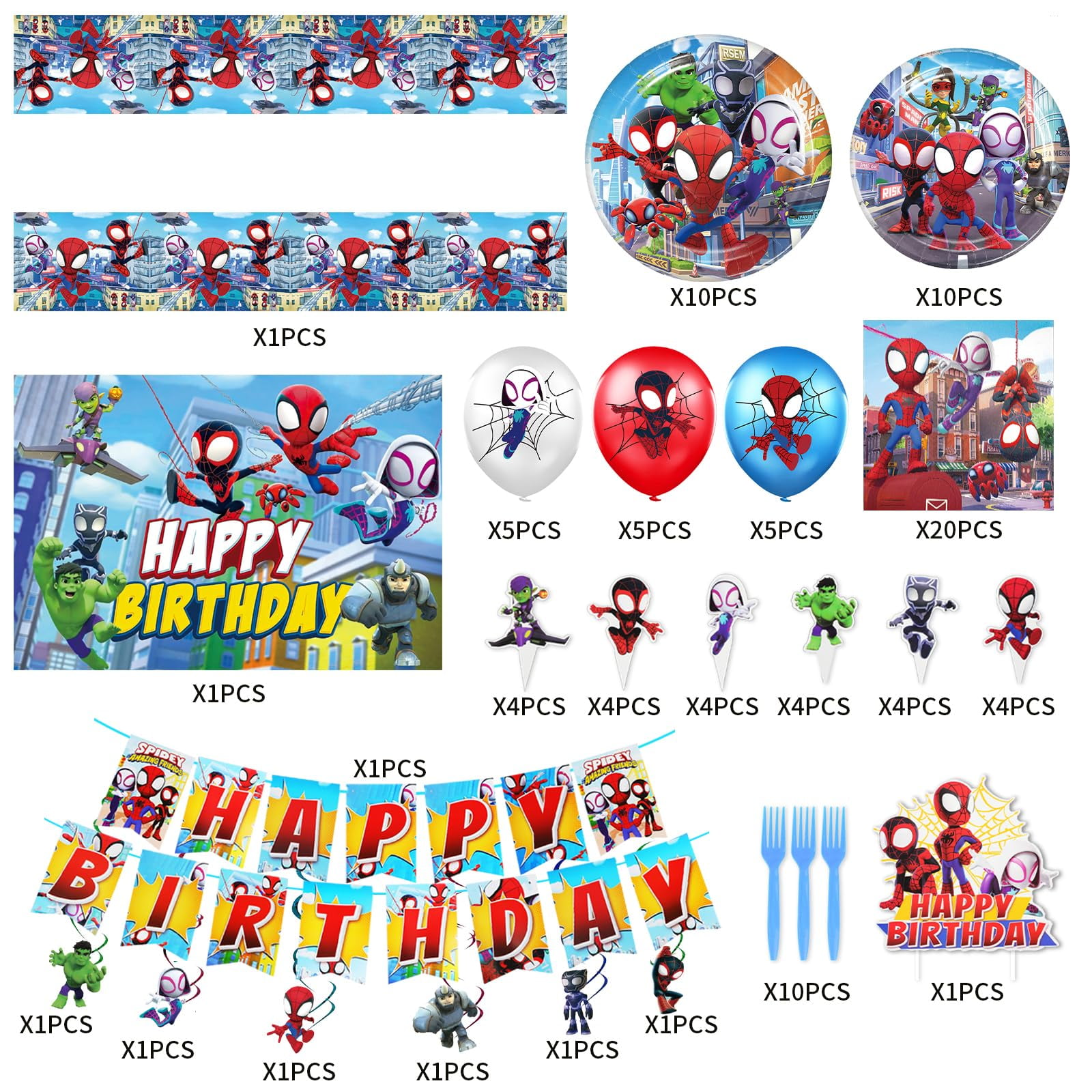 119 hero birthday party decorations, banners, background posters, card inserts, banners, balloons, tablecloths, plates, napkins, forks, cake hats, birthday party decorations