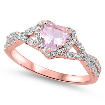 CHOOSE YOUR COLOR Pink CZ Rose Gold-Tone Heart Ring .925 Sterling Silver Vintage (Best Looking Cubic Zirconia Rings)